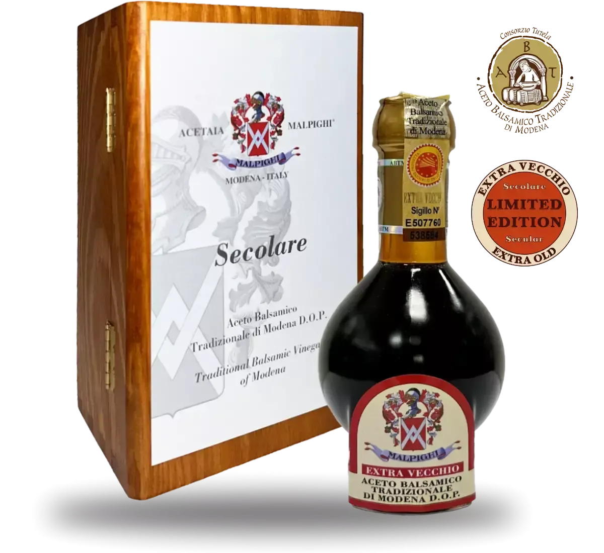 Aceto Balsamico di Modena Extra Vecchio Secolare, presentato in una bottiglia elegante, confezionata in una scatola di legno, dal design firmato Giugiaro.