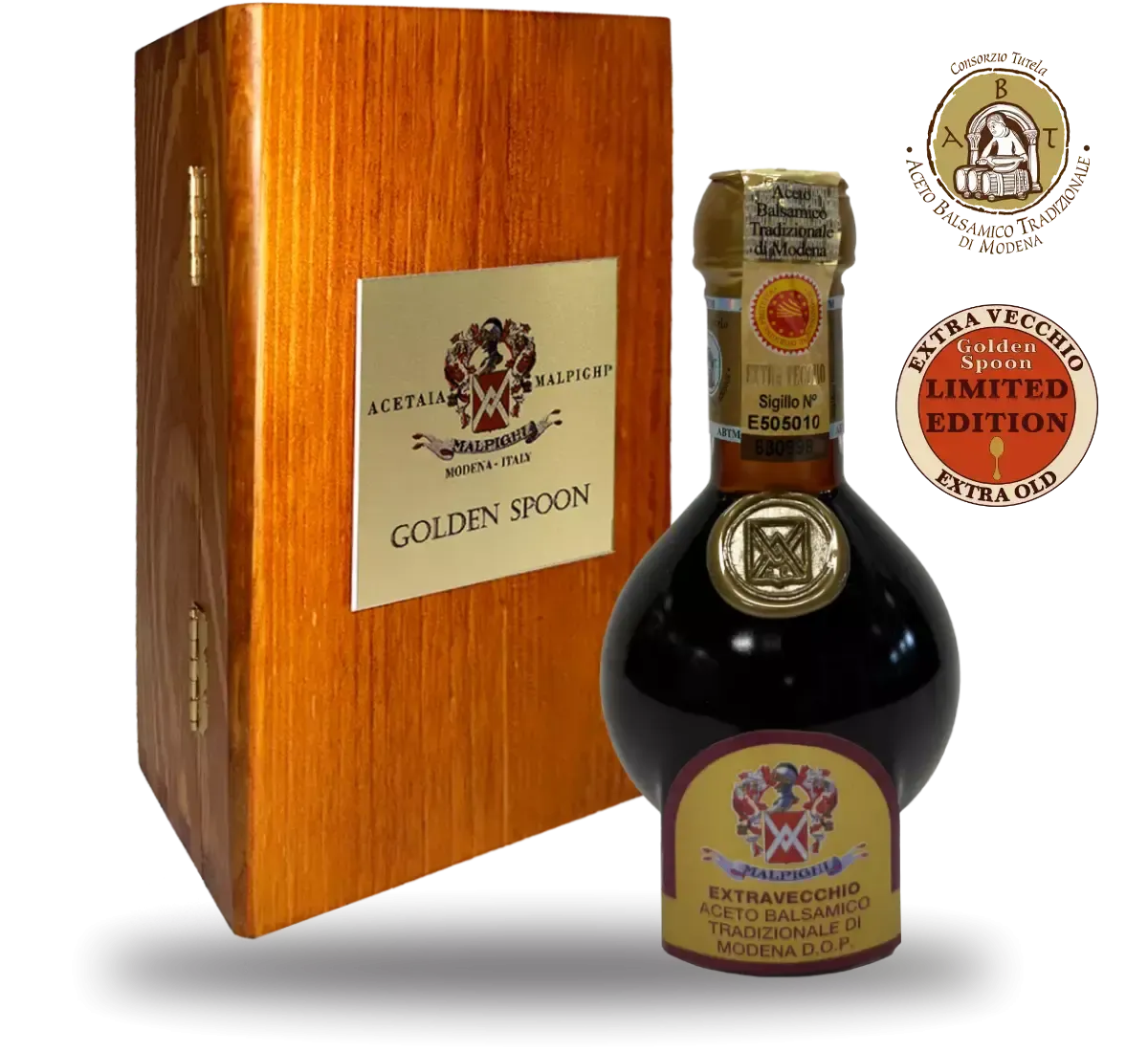 Un'immagine di Aceto Balsamico Extra Vecchio di Modena DOP, marchio Golden Spoon, presentato in un'elegante confezione che testimonia 25 anni di storia e sapore.
