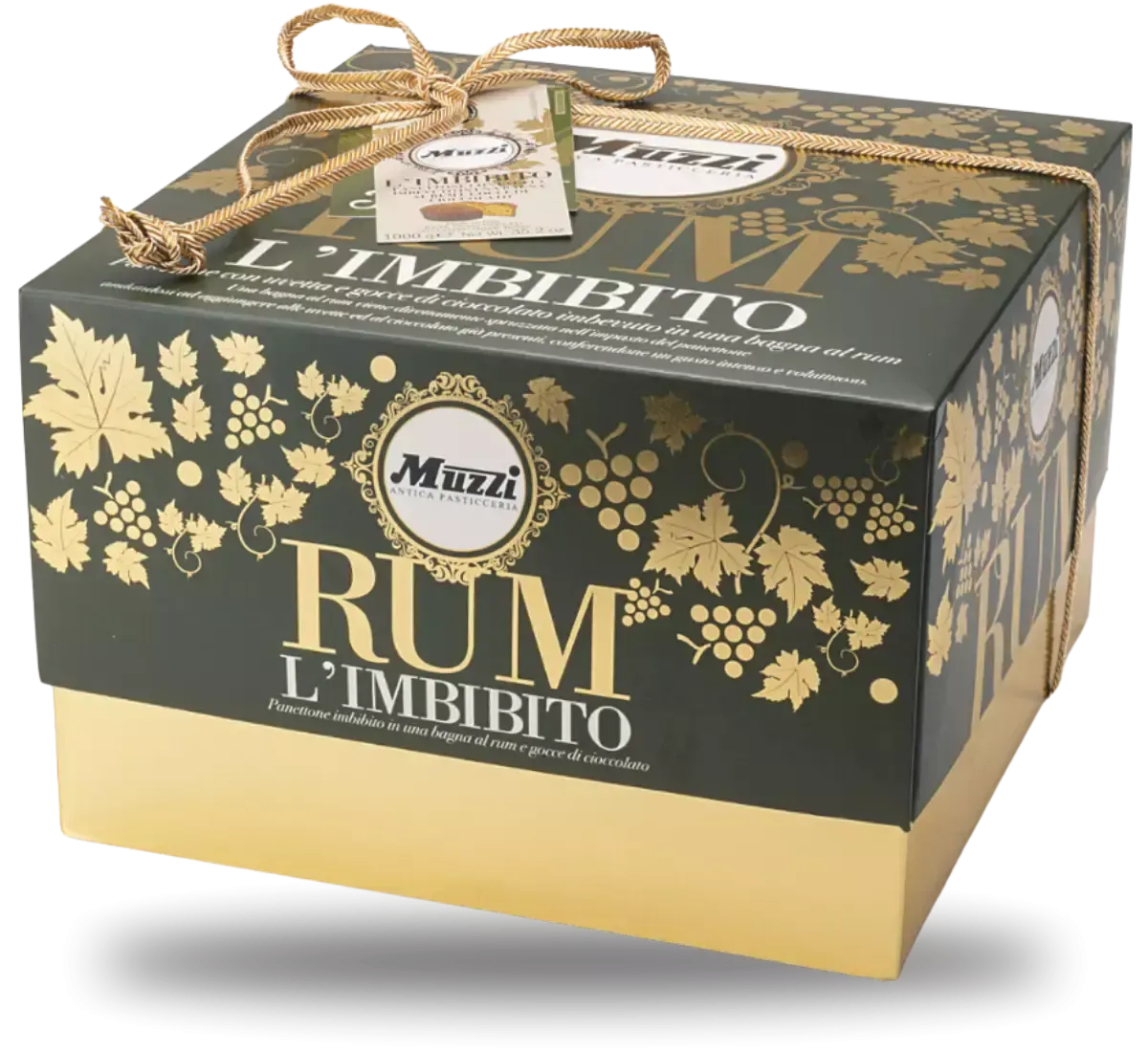 Un'invitante scatola regalo L'Imbibito, contenente un panettone al rum, arricchito con cioccolato e uvetta, per un Natale ricco di sapori tentatori.