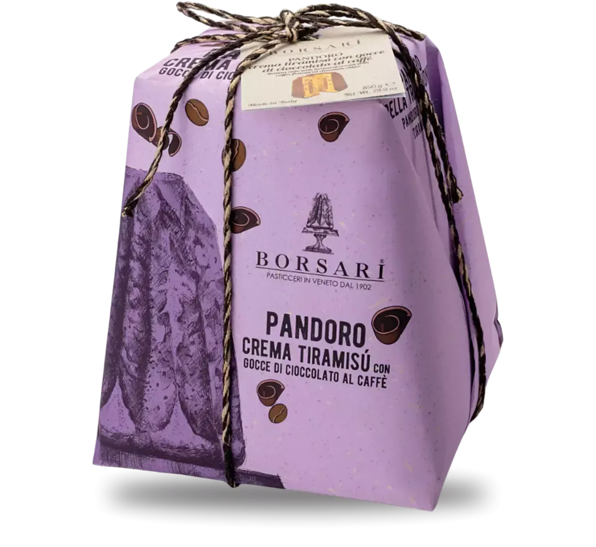 Un pandoro fatto a mano, generosamente farcito con crema al tiramisù e cioccolato al caffè, presentato su un sofisticato sfondo viola.