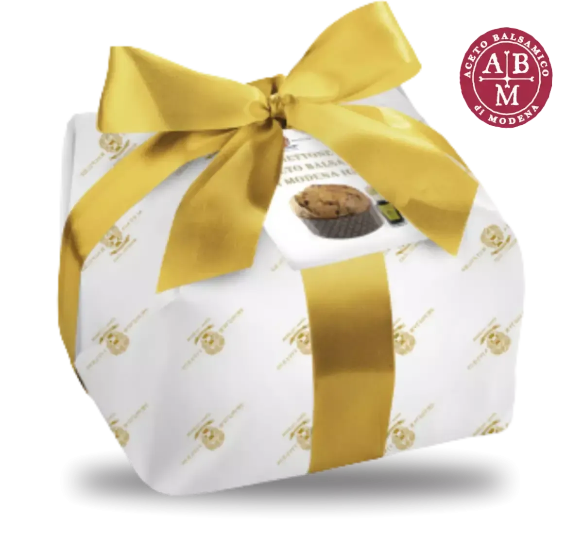 Immagine di un raffinato panettone artigianale, confezionato a mano e impreziosito da un nastro dorato, con l'unico aroma dell'Aceto Balsamico di Modena IGP.