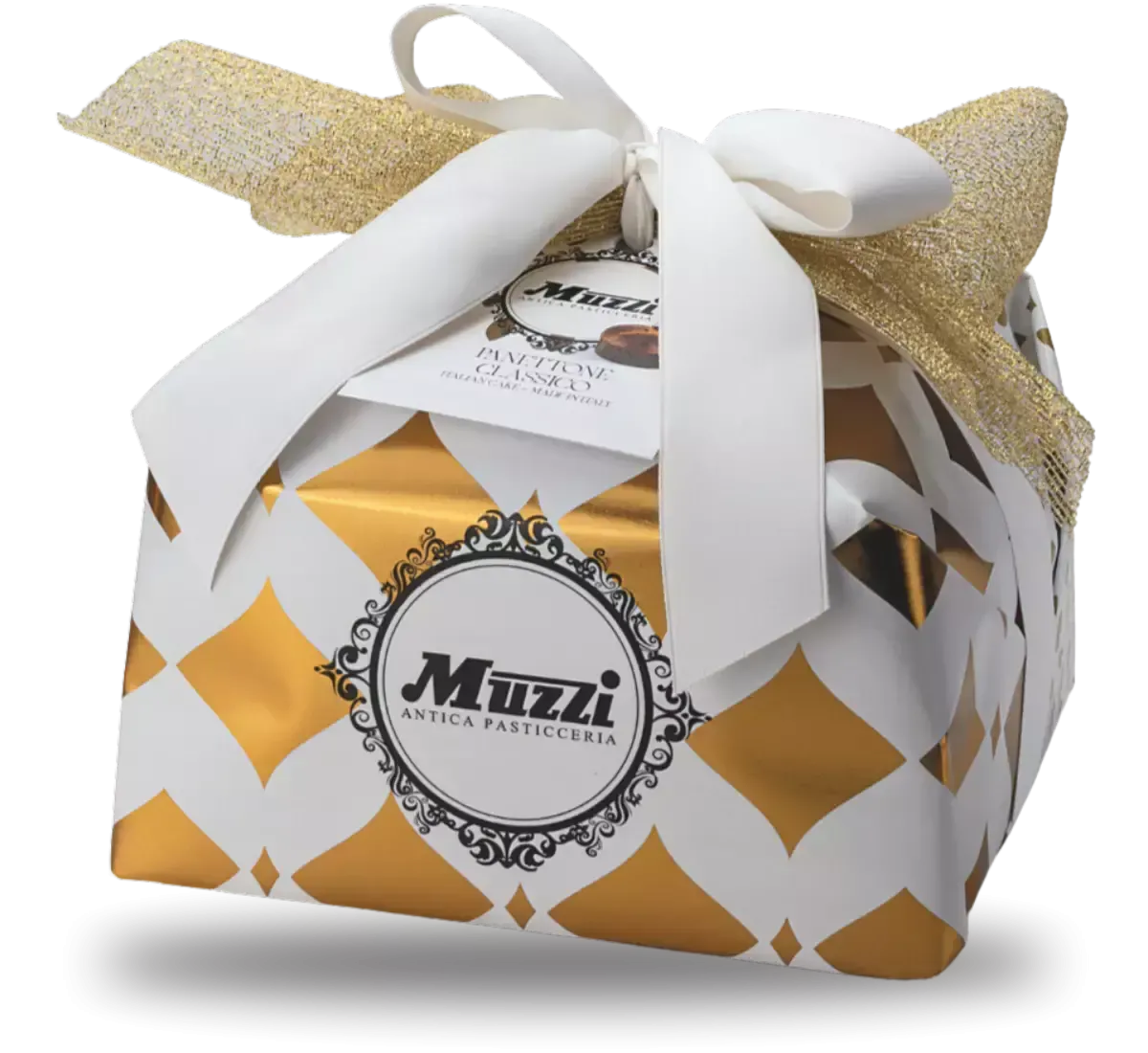 Ein eleganter Weihnachtskorb Beatrice, gefüllt mit traditionellen Köstlichkeiten, in einer gold-weißen Verpackung, ideal für einzigartige Geschenke.