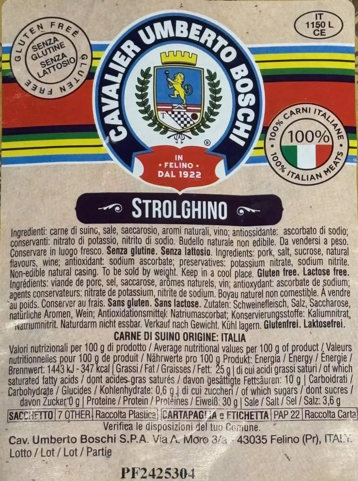 En detaljert etikett på den italienske salaten Strolghino di Cav. Umberto Boschi, glutenfri, med våpenskjold i midten.