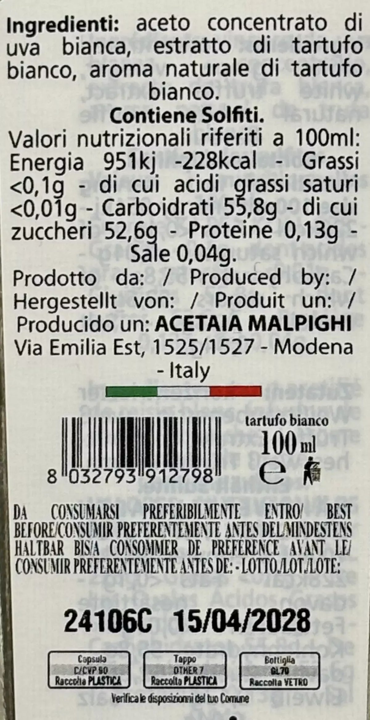 Découvrez l'assaisonnement à la truffe blanche d'Acetaia Malpighi. 100 ml de saveur raffinée, avec du vinaigre et de l'extrait de truffe, directement de Modène.