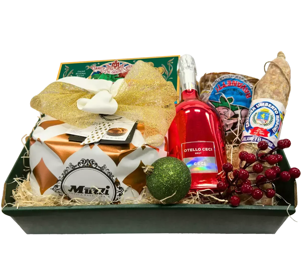Un cesto natalizio italiano denominato Giorgia, ricco di delizie come panettone, amaretti, salame, coppa e spumante, per festeggiare le tradizioni incantevoli.