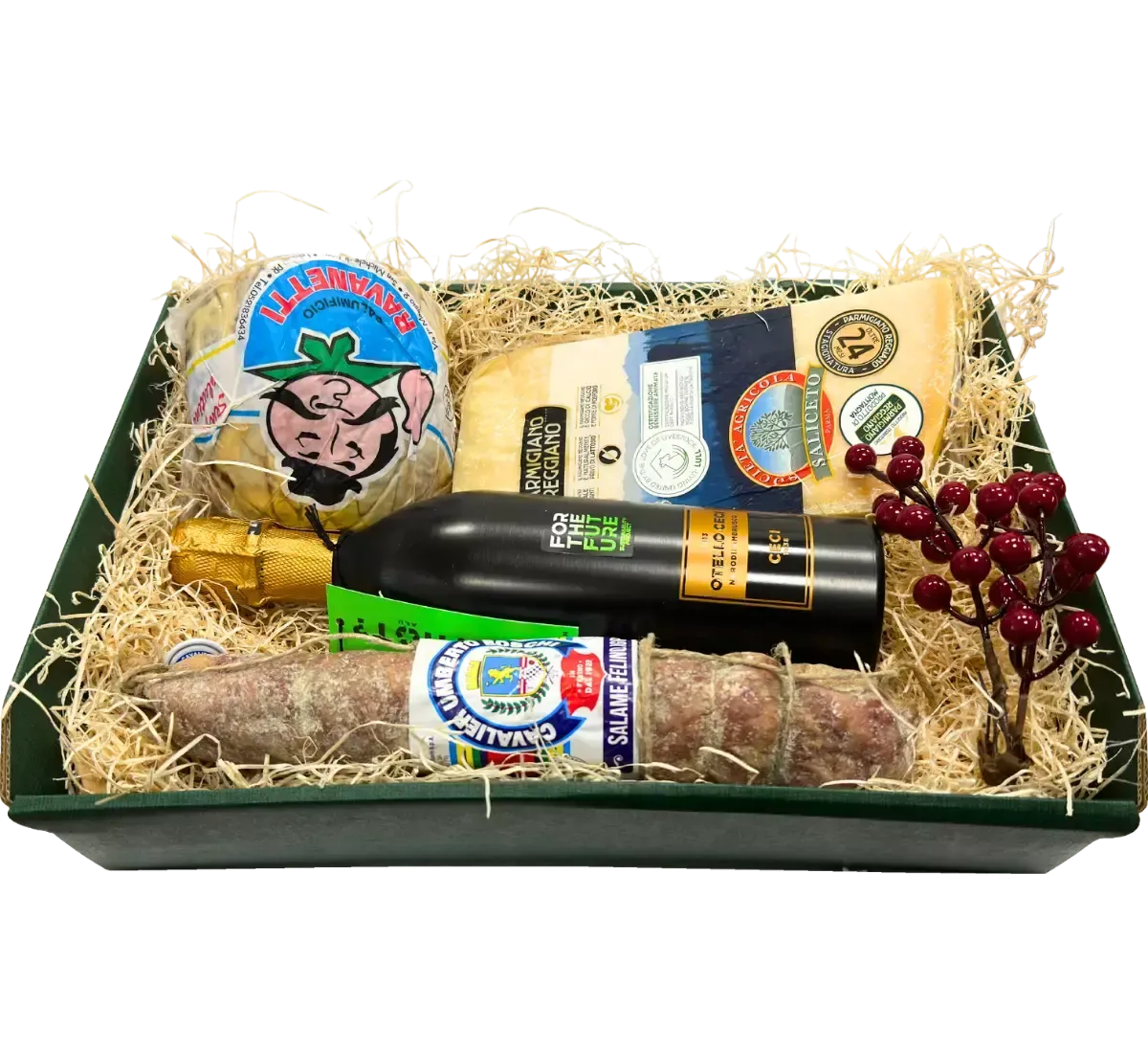 Un elegante Cesto Farnese ricolmo di sapori emiliani, tra cui Parmigiano Reggiano, un fiocco di prosciutto e Otello Nerodilambrusco.