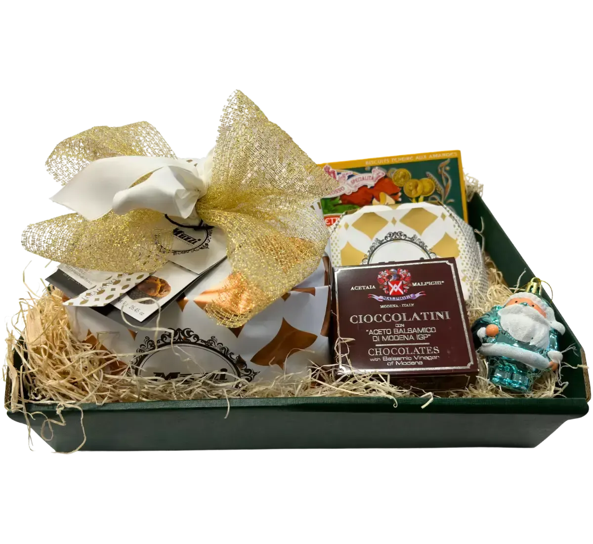 Cesto Natalizio Roberta, un regalo festivo ricco di eccellenze italiane: Panettone, Amaretti, Cioccolatini Balsamico e Panforte.