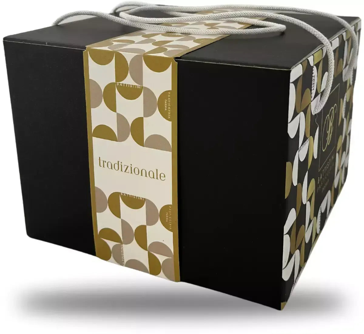 Un pacchetto regalo sofisticato del Panettone Artigianale Battistini, emblema della tradizione e dell'eccellenza della pasticceria italiana.