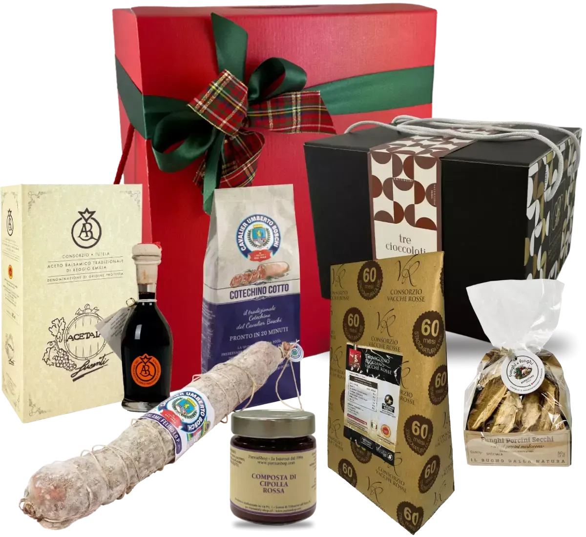 Un regalo gastronomico di lusso per Natale, contenente Parmigiano di 60 mesi e Aceto Balsamico invecchiato, simboli dell'eccellenza italiana.