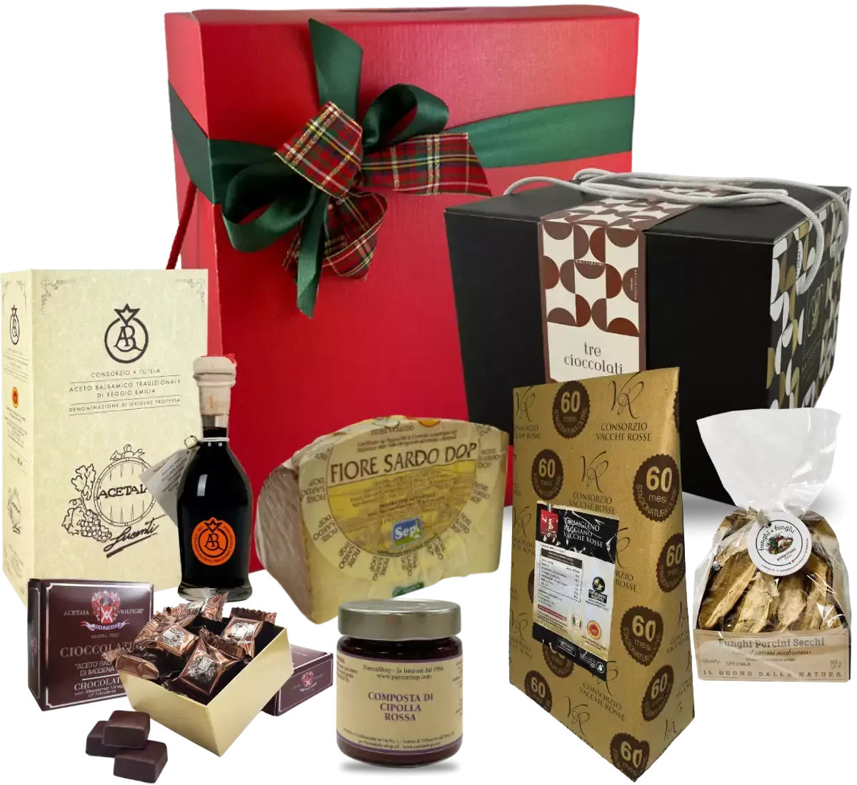 Una scatola regalo natalizia Magnum, ricca di delizie italiane: Parmigiano, Aceto Balsamico e dolci fatti a mano.