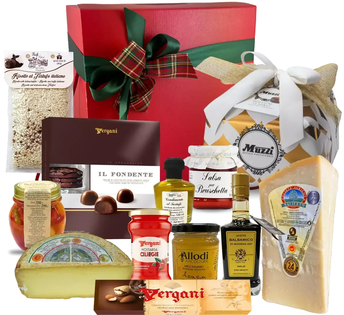 Scopri la box natalizia gourmet: un incanto di Panettone, formaggi DOP, cioccolato, olio al tartufo e torrone.