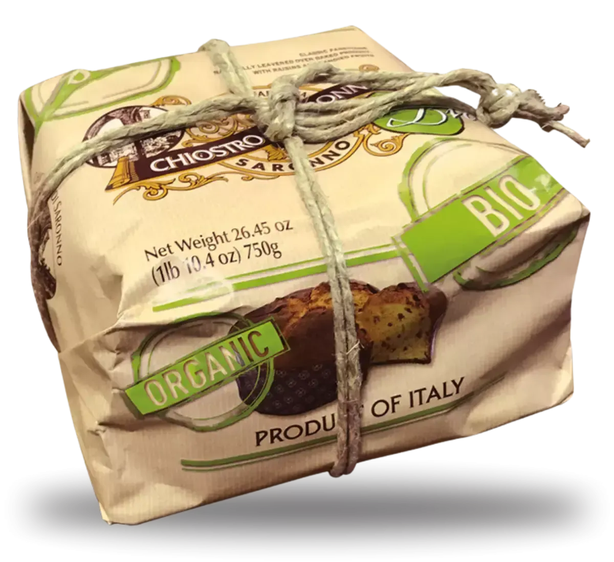 Un panettone biologico, prodotto artigianalmente, avvolto a mano, con note di arancia e uvetta, simbolo della tradizione natalizia milanese.