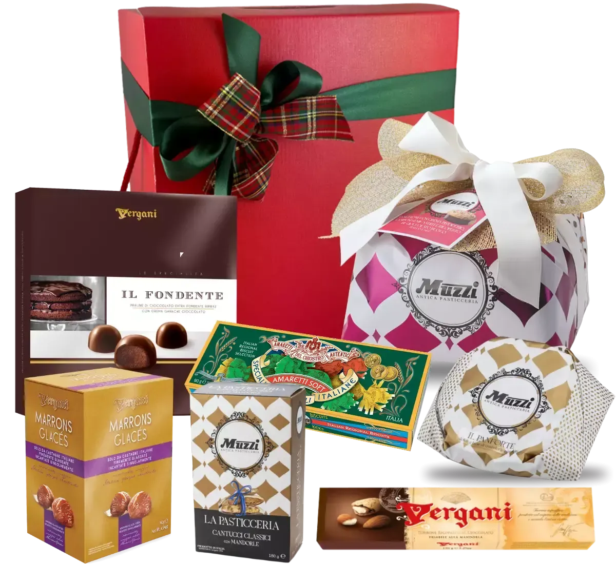 Una scatola regalo Box Giulia racchiude deliziose prelibatezze natalizie italiane: Panettone artigianale, Marron Glacés e cioccolato pregiato.