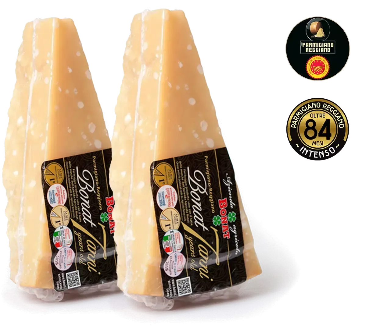 Immagine di un Parmigiano Reggiano Bonat di 7 anni, dalla forma compatta e friabile. La crosta dorata e l'aroma intenso lo rendono una scelta gourmet per veri intenditori.
