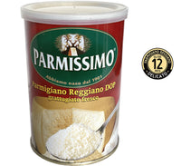 Un tarro fresco y sabroso de Parmigiano Reggiano rallado DOP Parmissimo, perfecto para realzar los sabores de los platos italianos.
