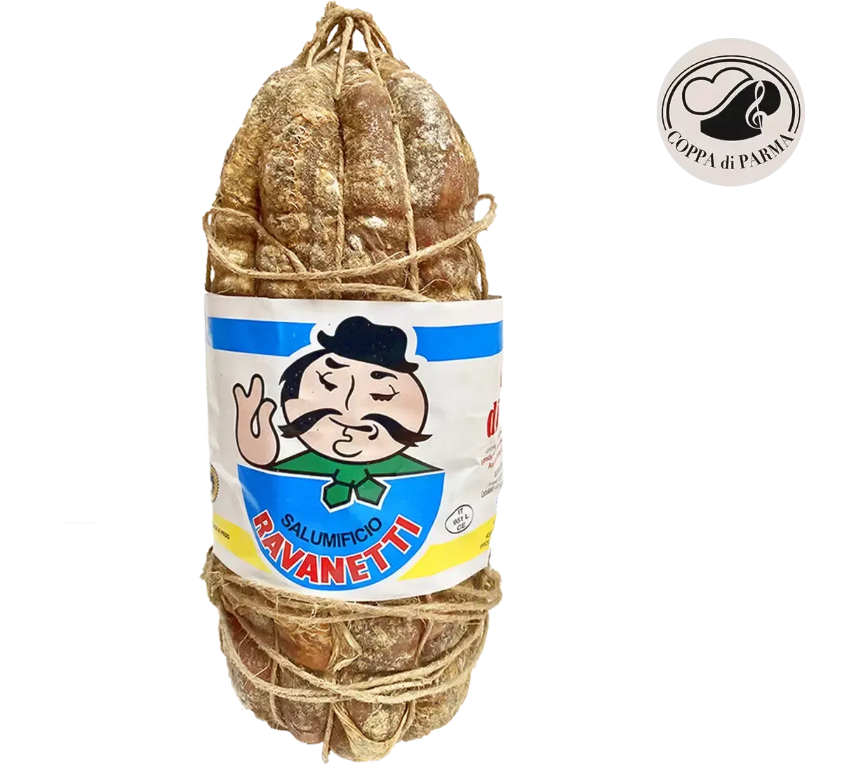 Une coupe entière de Ravanetti IGP de Parme, affinée pendant 2 mois, au goût doux et épicé, enfermée dans un boyau naturel, avec son arôme traditionnel.