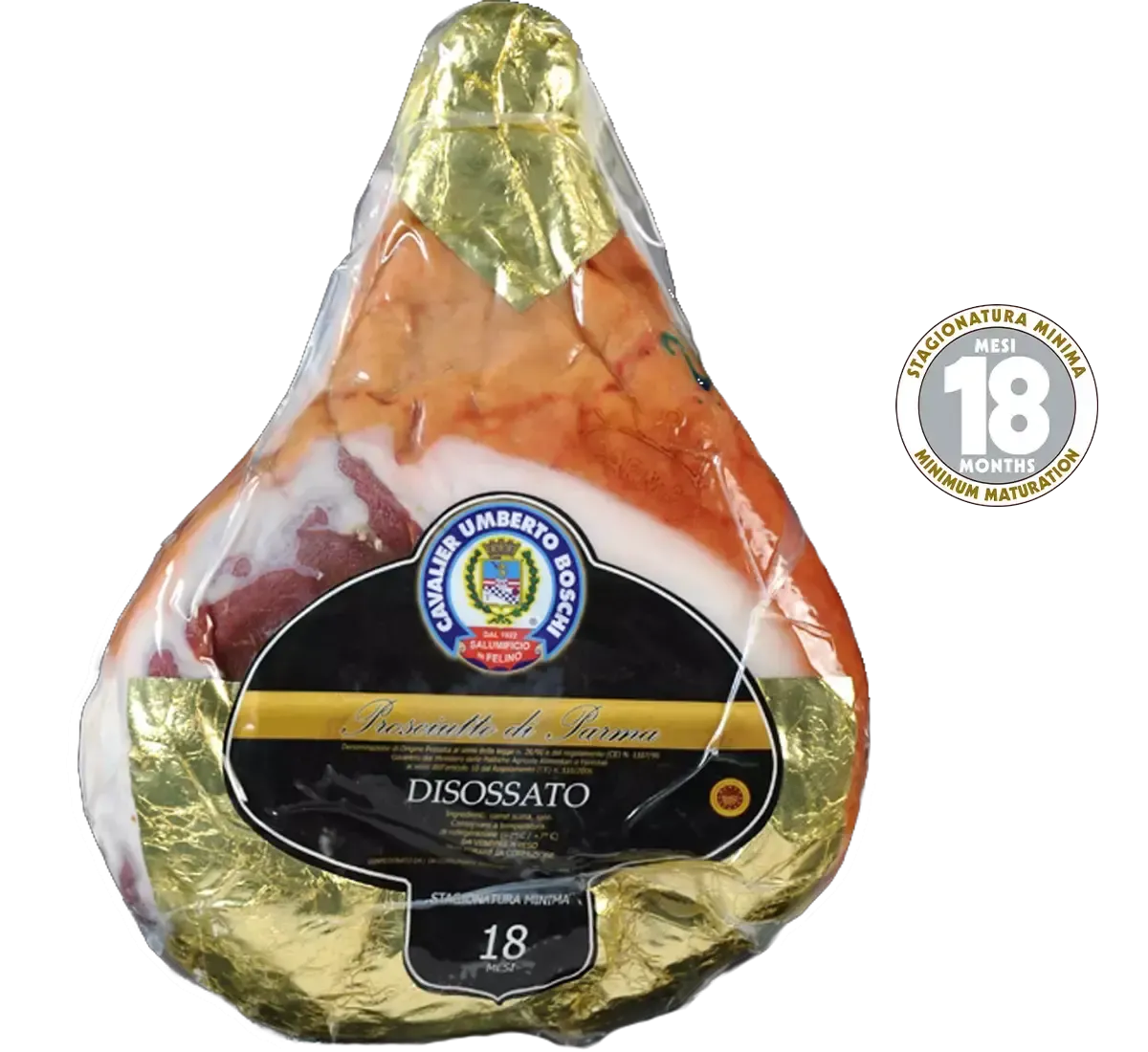 Delizioso Prosciutto di Parma DOP, stagionato per 18 mesi e disossato, presentato in una confezione firmata Umberto Boschi, esprime la tipica dolcezza italiana.