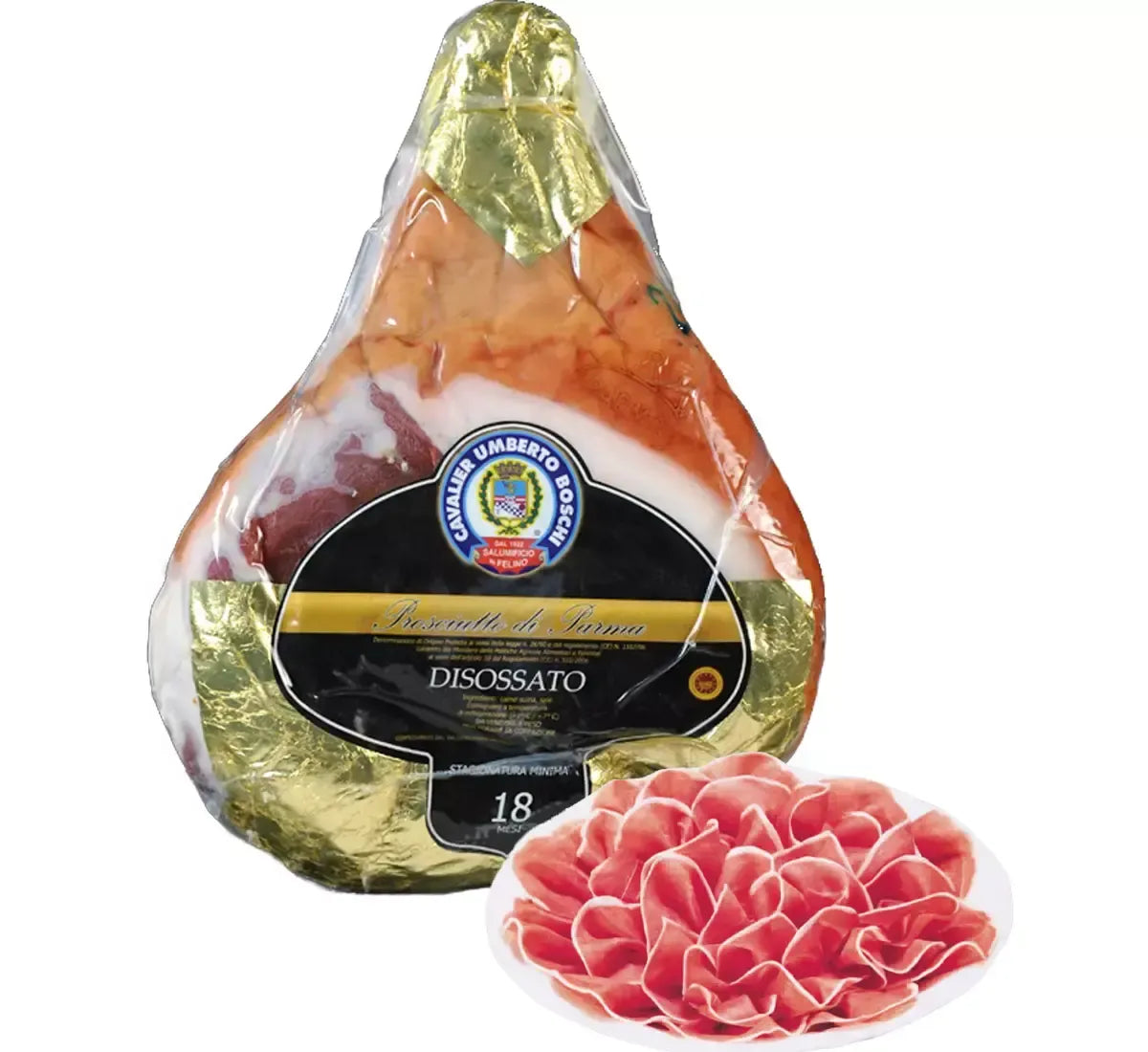 Questo è un prosciutto di Parma DOP, disossato e stagionato per 18 mesi. L'intero pezzo vanta un sapore ricco e delicato, rappresentando un'eccellenza italiana pronta per essere affettata.