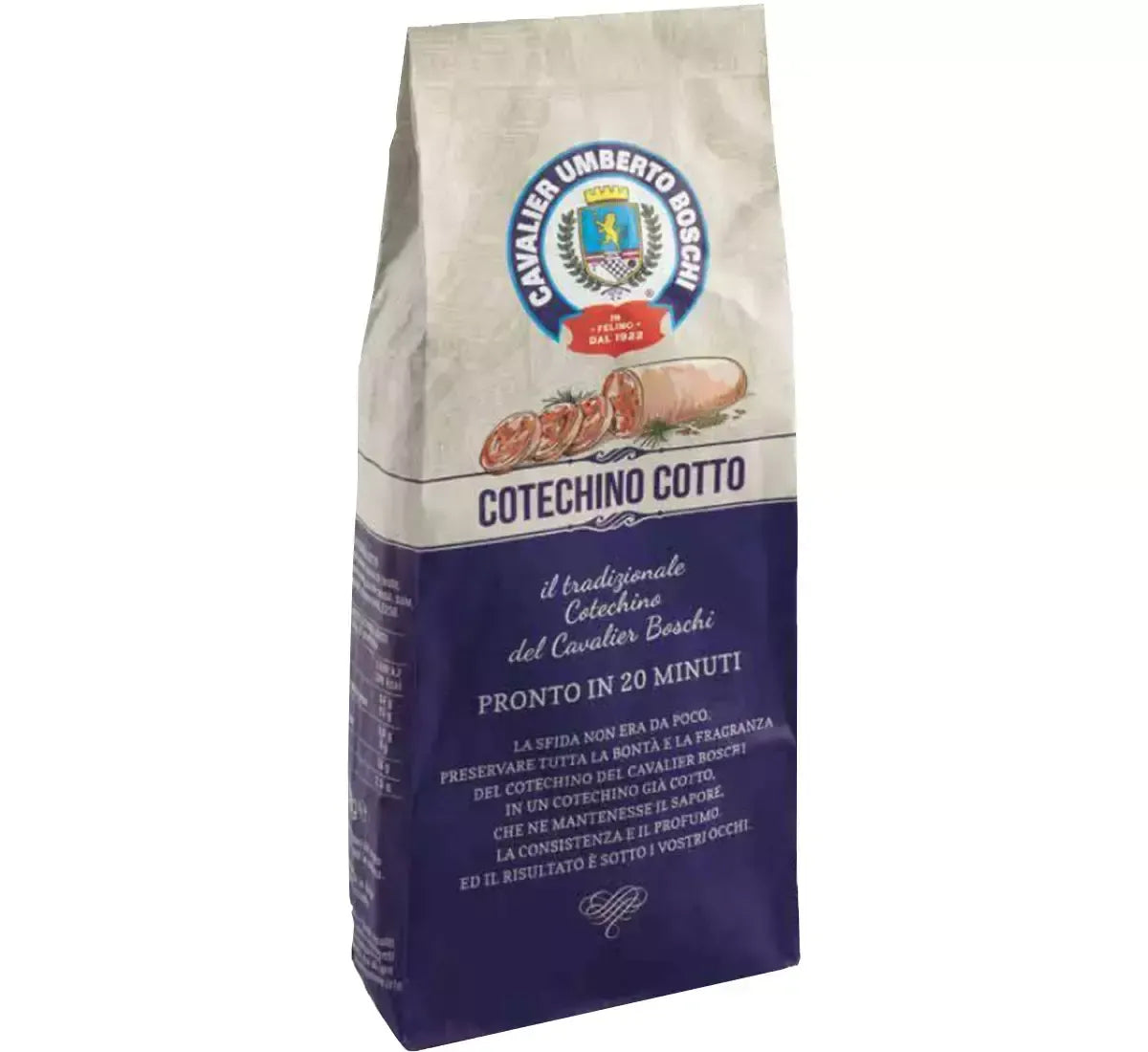 Ontdek de klassieke smaak van Emilia met de voorgekookte Cotechino Cavalier Umberto Boschi, 550 g, klaar in slechts 20 minuten.