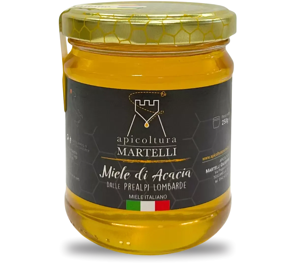Imagine un tarro de miel de acacia de los Prealpes lombardos. Su color es amarillo pálido, casi transparente, y desprende un dulce aroma a vainilla. Un producto natural y delicado.
