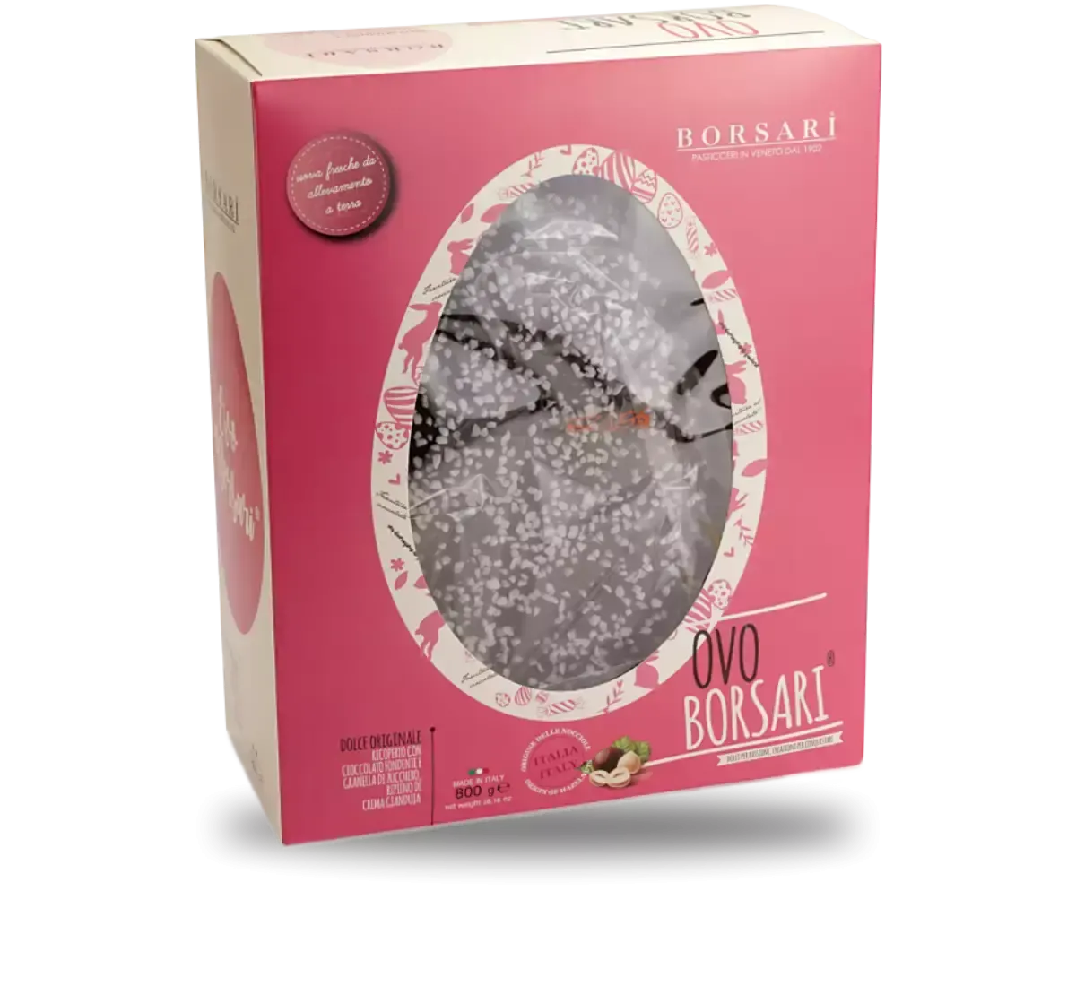 Ovo Borsari offre une expérience unique avec son chocolat noir, sa crème gianduia et ses noisettes italiennes, le tout recouvert de grains de sucre. Un dessert de Pâques irrésistible.