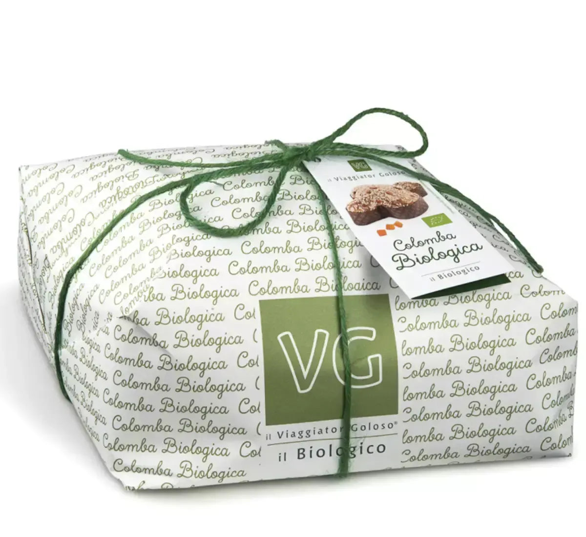 Una paloma de Pascua ecológica de Vergani, presentada en una elegante bolsa envuelta en papel blanco y verde, sellada con un lazo verde y con etiqueta incluida.