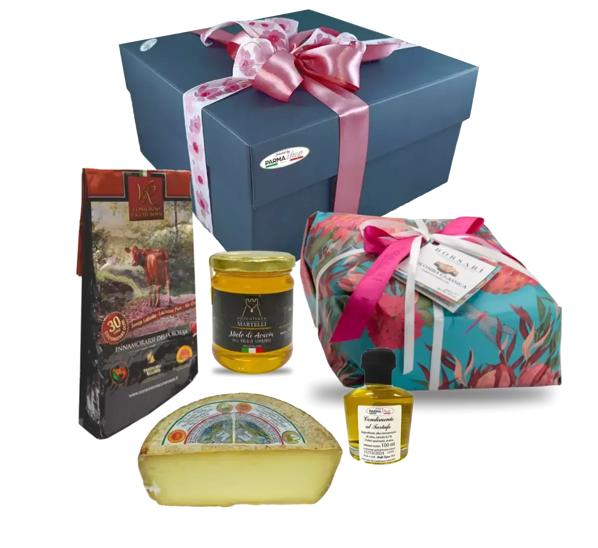 Scopri un'esperienza culinaria unica con il nostro box gourmet Pasqua, che include Colomba, Parmigiano, Pecorino, Miele e Olio al Tartufo.