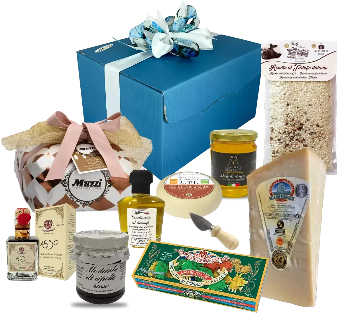 Esplora l'autenticità dei sapori italiani con il Box Pasqua Blu, composto da Parmigiano Reggiano, Olio al Tartufo e una Colomba Artigianale.