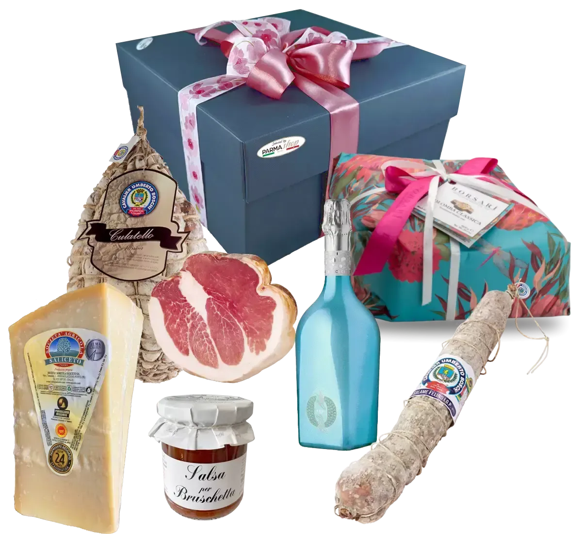 Celebra la Pasqua con il box Festa Grande, un tour gastronomico dell'Emilia: Culatello, Parmigiano, Colomba e Spumante.