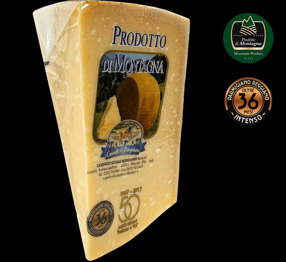 Parmigiano Reggiano stagionato 36 mesi del Caseificio Borgotaro, prodotto in montagna. Gusto ricco e friabile, privo di lattosio, di alta qualità.