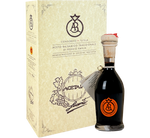 En flaske traditionel balsamicoeddike DOP fra Reggio Emilia, kendetegnet ved sin Bollino Aragosta, modnet i 12 år, præsenteret i en raffineret emballage.