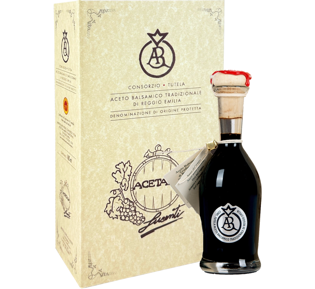 Elegante bottiglia di Aceto Balsamico Tradizionale di Reggio Emilia DOP Argento, maturato per 20 anni, presentato in una raffinata scatola.