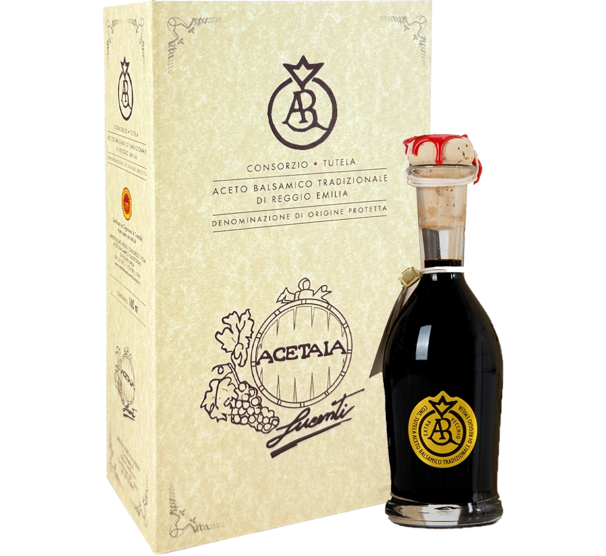 Una bottiglia di autentica eccellenza italiana: Aceto Balsamico Tradizionale di Reggio Emilia DOP Oro, invecchiato per 25 anni, che esprime pura eleganza.