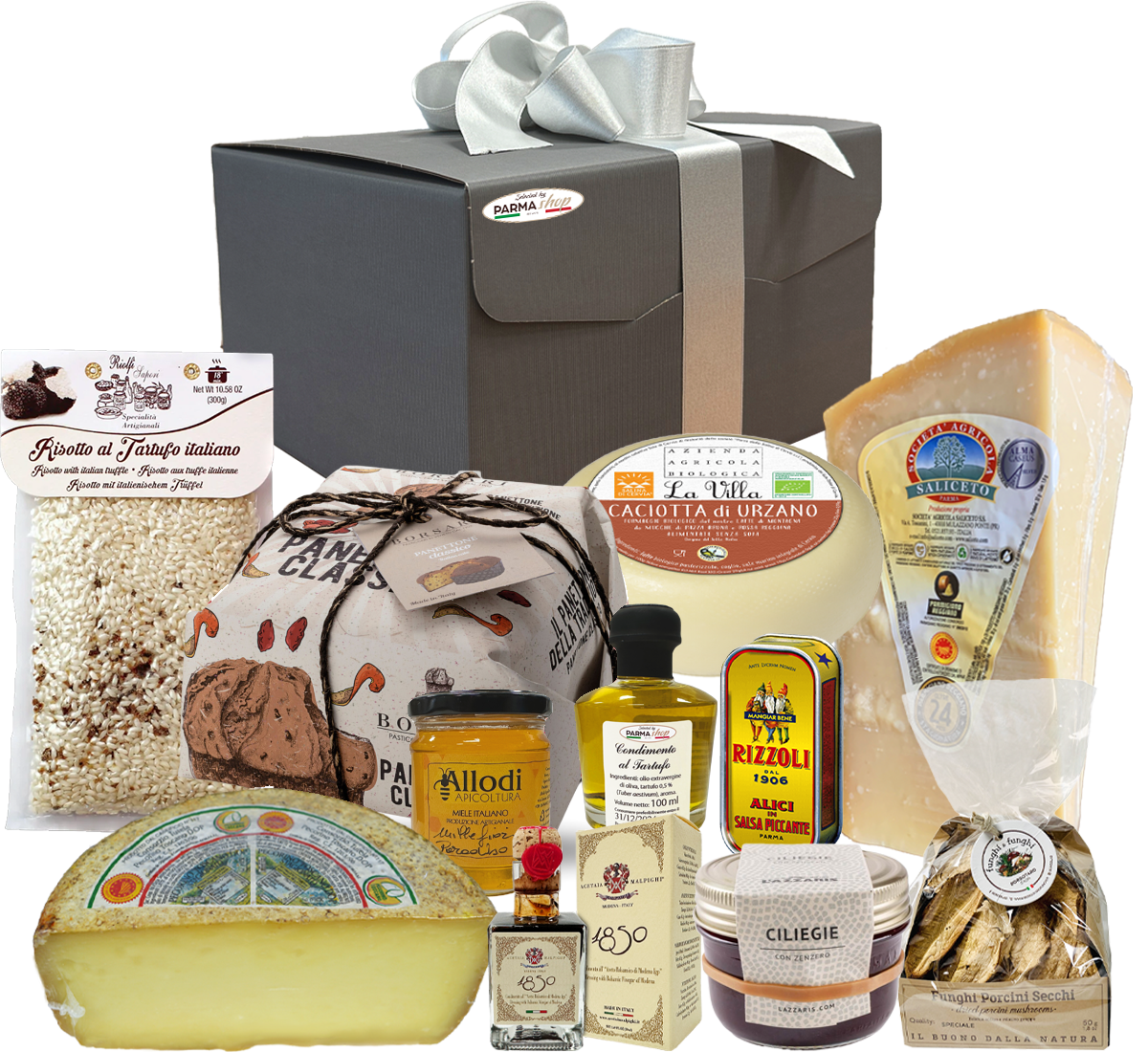 Un box Dino, ricco di prelibatezze italiane artigianali come formaggi DOP, panettone, aceto balsamico e raffinate specialità gourmet per il Natale.