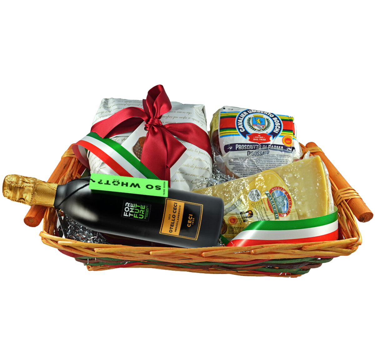 Un elegante cesto natalizio imbandito con autentiche delizie italiane: Parmigiano, Prosciutto di Parma, Panettone e Lambrusco.