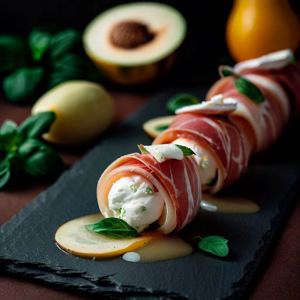 Involtini di melone e prosciutto su vellutata di burrata, decorati con foglie di basilico, su piatto nero elegante.