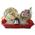 A basket full of Italian delicacies, including Parmigiano, Culatello, balsamic vinegar and mushrooms. A luxury that celebrates Italian culinary tradition.