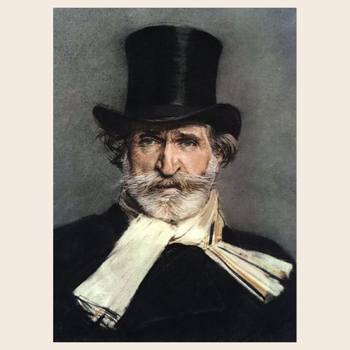 Vintage-tyylinen kortti, jossa on ylpeä Giuseppe Verdi tyylikkäässä silinterihattu päässään klassisella taustalla.