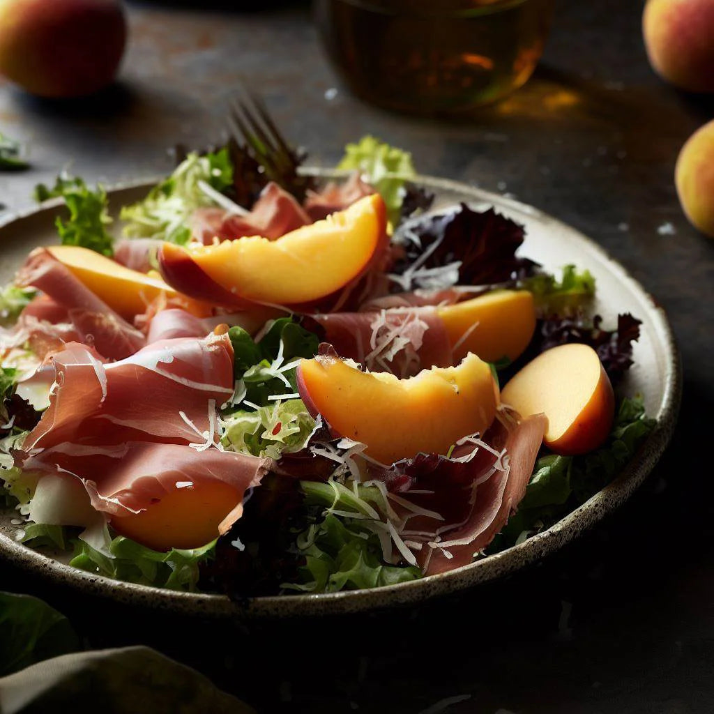 Insalata estiva con prosciutto croccante e pesche succose su un letto di lattuga colorata, perfetta per un pranzo rinfrescante.