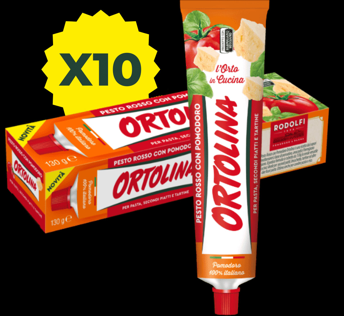 Gustosa crema mediterranea Pesto Rosso Ortolina, con pomodoro e Parmigiano, presentata in un pratico tubetto da 130g per arricchire i tuoi piatti.