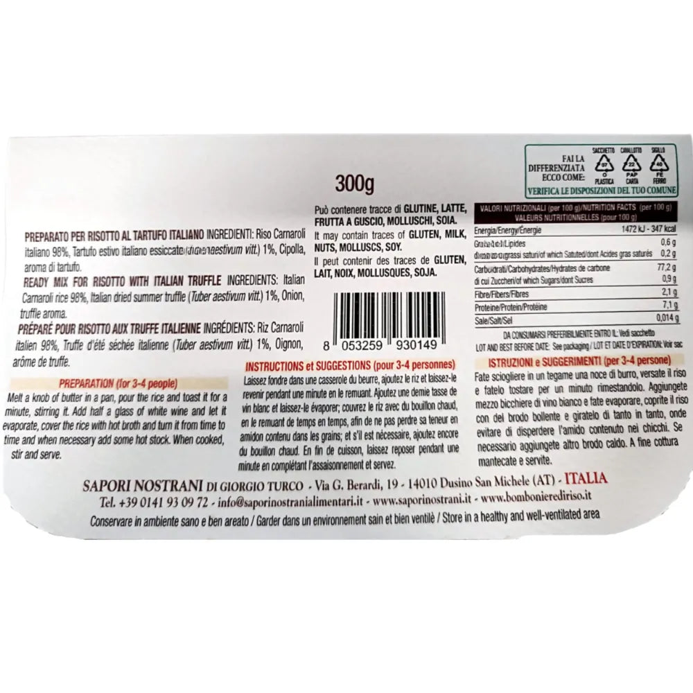 risotto ai funghi italiano con riso carnaroli prodotto da sapori nostrani di giorgio turco. l'etichetta sul retro indica gli ingredienti, istruzioni e suggerimenti e i valori nutrizionali