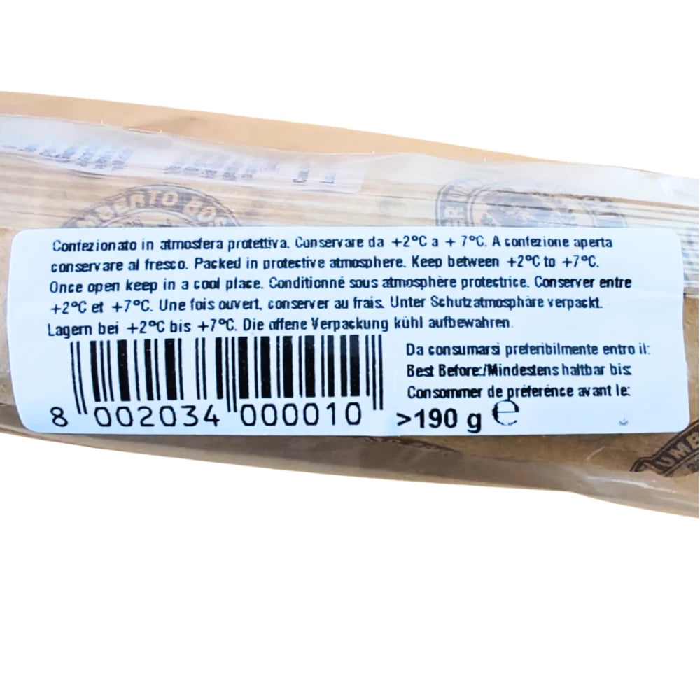 Strolghino di culatello di Cavalier Umberto Boschi in confezional pack flow, peso del prodotto 190 gr. venduto da parmashop. l'etichetta indicail pseo e come conserrvarlo e la scadenza