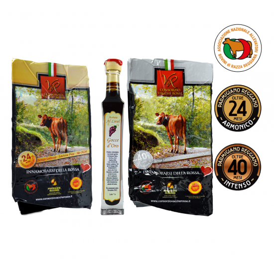 Parmigiano Reggiano AOP Vaches Rouges 24 mois + 40 mois (1 kg chacun) + Condiment Balsamique Gocce d'Oro