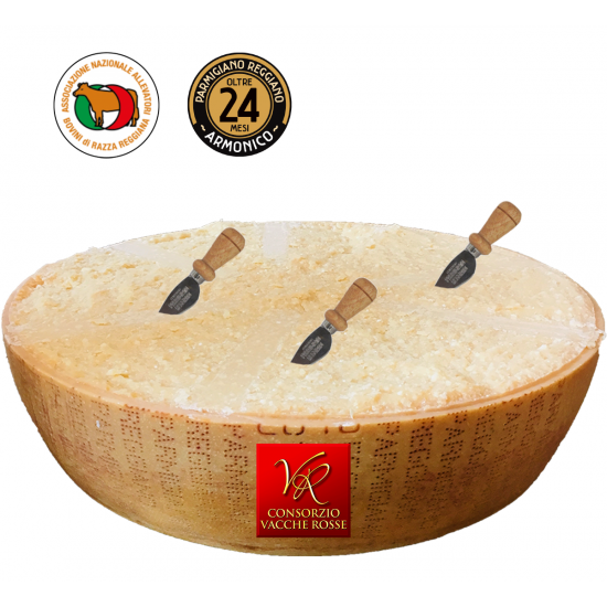 Parmigiano Reggiano BOB Vacche Rosse / Rode Koeien 24 maanden Half wiel 42 Lbs + 3 mesjes