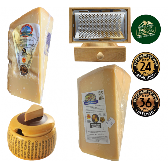 Parmigiano Reggiano PDO 36 months from the hills + Parmigiano Reggiano PDO from the mountains + cheese grater + cheese container