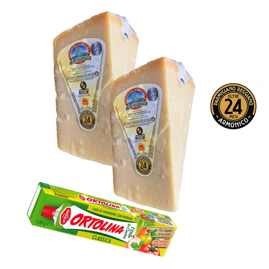 Parmigiano Reggiano PDO from the hills 24 months - 2 pieces of 1,350 kg + classic Ortolina sauce