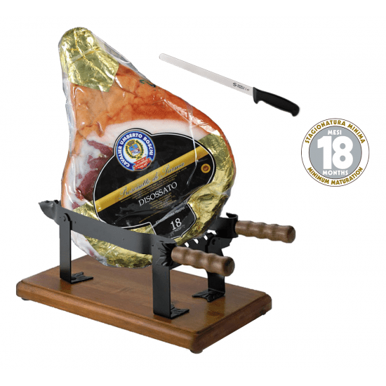 Prosciutto di Parma PDO - 18 Months - Whole - Boneless (8.2 Kg. / 18 Lbs.) + Ham Stand + Knife