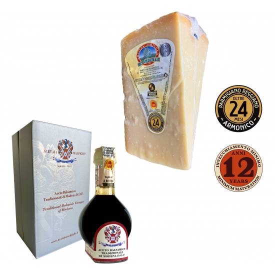Parmigiano Reggiano de colina DOP, 1.350 kg + Vinagre Balsámico Tradicional de Módena Envejecido 12 años 100 ml