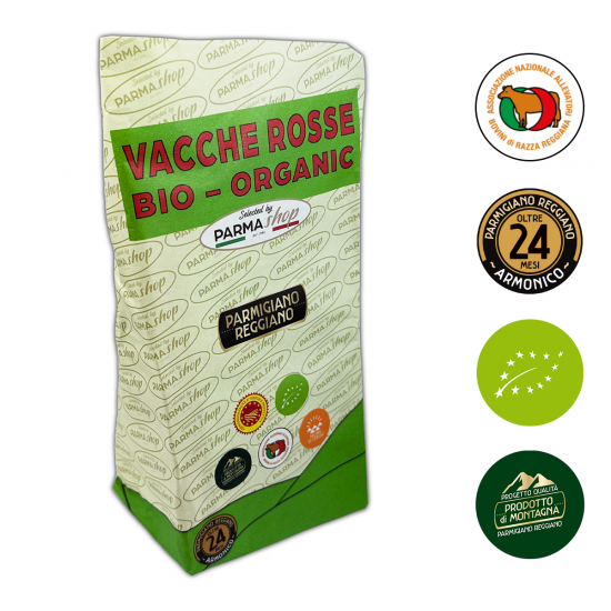 Parmigiano Reggiano DOP Vacche Rosse de agricultura ecológica, de montaña, con sal de Cervia, envejecido 24 meses - 1 kg