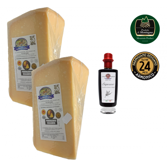 Parmigiano Reggiano AOP - Produit de Montagne - 24 Mois (2 x 1.35 Kg.) + Saporoso (100 ml.)